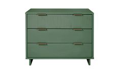 a green dresser with two drawers and brass handles on the bottom drawer, against a white background