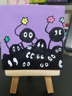 an acrylic painting of two black monsters on a purple background with white stars