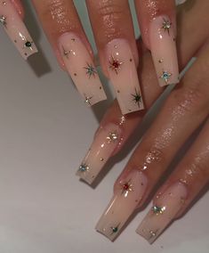 New Years Nail Designs Medium, Fireworks Nails New Years, New Years Nail Inspo Simple, Star Nail Acrylic, New Years Square Acrylic Nails, Star Nail French Tip, Star Nails Pink And White, New Years Nails Square Long, Clean Birthday Nails