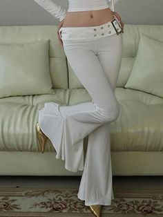 Solid Buckle Detail Flare Leg Pants - AnotherChill Flare Pants With Slides, Cloth Flare Pants, White High Rise Flare Jeans, Cheap White Flare Jeans For Summer, Affordable White Flare Jeans, Luxury Light Wash Flare Bottoms, Ae The Everything Highest Waist Flare Pant, Flare Pants Me, V Flare Pants