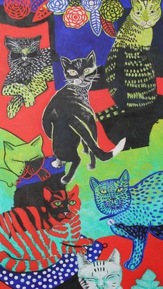 a painting of cats with different colors and patterns