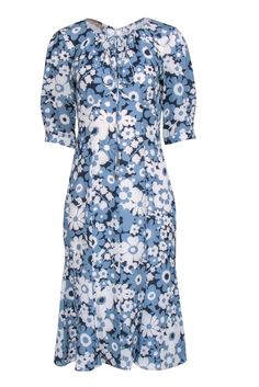 Current Boutique-Michael Kors Collection - Blue Floral Silk Midi Dress Sz 8 Blue Floral Print Midi Dress For Brunch, Light Blue Floral Print Midi Dress For Brunch, Blue Floral Print Midi Dress, Blue Floral Print Maxi Dress, Light Blue Floral Print Dress For Spring, Blue Floral Midi Dress For Spring, Blue Midi Dress For Garden Party, Blue Floral Dress For Casual Spring Occasions, Chic Blue Floral Dress For Daywear