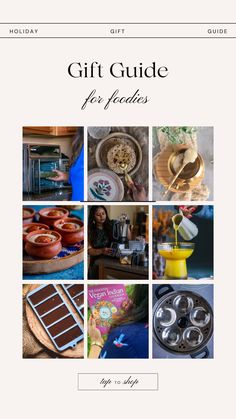 the gift guide for foodies is displayed in this image, including chocolates and desserts