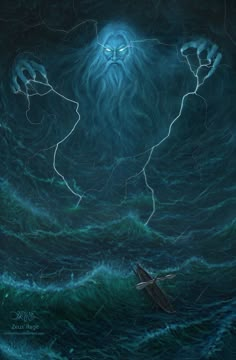 a painting of a boat in the ocean with an evil face on it's head