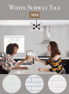 two women sitting at a kitchen counter with white subway tile on the wall behind them