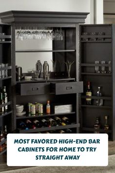 an open cabinet with lots of bottles and glasses in it, next to a bar