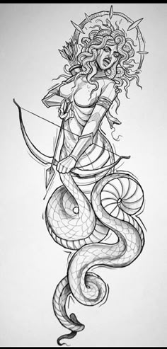 a pencil drawing of a woman with an arrow and snake on her back, holding a bow