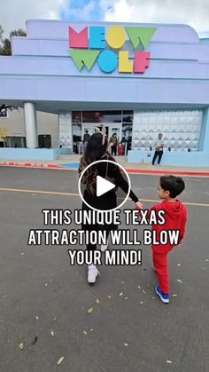 a little boy standing in front of a store with the words, this unique texas attraction will