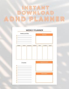 PRINTABLE ADHD PLANNER. Download IMMEDIATELY after purchase! Product information 1 PDF PAGE - US Letter ( 8.5 × 11 inch ) -Text and colors that are part of the design CAN NOT be altered. - Room for hole punches on either side - Perfect for home and office use. - Print as many pages as you need. - Simply print from your home printer, or send to a local printing shop. DOWNLOAD -You will receive an e-mail from Etsy with a link to download the files - They are also available here: http://www.etsy.com/your/purchases PRINT -You can print at home, a local print shop, or use an online service such as the following PLEASENOTE - Colours may vary slightly due to colour variation in monitors and printers. - The final appearance of the printout will be determined by the quality of the printer and paper Office Planner, Planner Desk, Desk Planner, Office Planners, Planner Minimalist, Desk Planners, Printable Planner Pages, Hole Punches, Planner Set