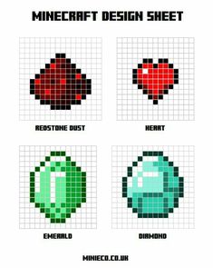 four different types of cross stitch designs on white paper with text that reads, minecraft design sheet