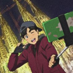 an anime character holding a green suitcase in front of a tall building with a clock on it