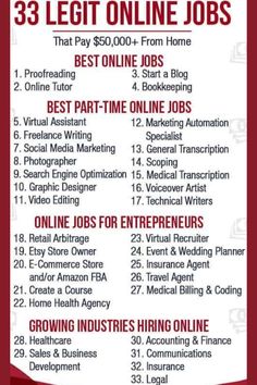 a red and white poster with the words 33 legit online jobs