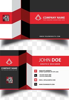 two business cards with red and black stripes on the front, side and back sides