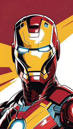 an iron man poster is shown in red and yellow