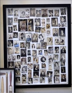 a black and white photo with many pictures on it next to a framed photograph in front of a wall