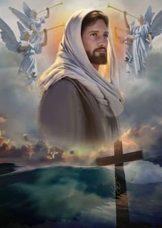 an image of jesus on the cross with angels in the sky above him and water below