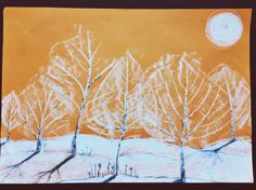 a drawing of some trees in the snow with a full moon behind them and an orange sky