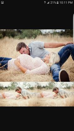 a man and woman laying on the ground in tall grass with their arms around each other