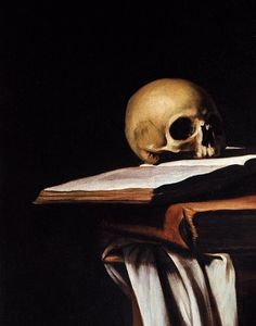 a painting of a skull sitting on top of an open book next to a lit candle