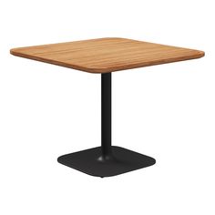 a square wooden table with black metal base and an oak top, viewed from the front