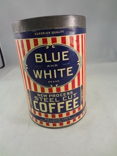 blue and white brand new process coffee can