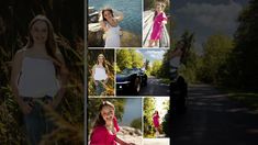 a collage of photos with a woman in pink and white posing for the camera