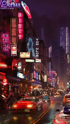 a city street filled with lots of neon signs and cars driving down it at night