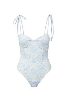 Timeless and sophisticated in the Chamomile One Piece. This must-have one-piece is extra charming, featuring our new, whimsical bow print inspired by vintage textiles. The swimsuit includes underwire for an easy and flattering fit, and self tie thin spaghetti straps. Blue Loveshackfancy, Lake Fits, Barbies Closet, Feminine Core, Coquette Fits, Aesthetic Swimwear, Swimsuit White