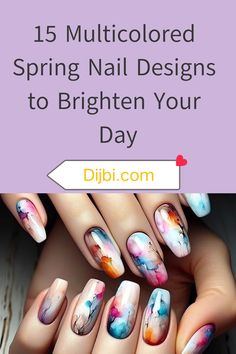 Watercolor Nail Designs, Daisy Acrylic Nails, Multicolored Nails, Dark Red Nails, Water Color Nails, Spring Nail Designs, Spring Nail Colors, Vibrant Nails, Spring Nail Art