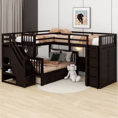 a bunk bed with stairs is in the corner of a room next to a teddy bear