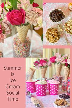 a collage of pictures with ice cream cones and flowers in vases on a table