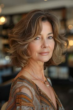 Classy Bob Haircuts for Older Women Trending in 2024 Wavy Hair Blowout, Styled Bob, Layered Bangs, Natural Brunette, December Hair, Going Gray Gracefully, Short Haircuts With Bangs