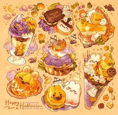 a drawing of various desserts and pastries on a yellow background with words happy halloween