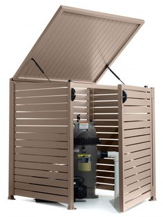 an outdoor storage shed with the door open to reveal a water heater and tank