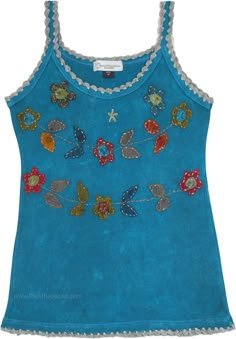 A stonewashed blue sleeveless tank top reminiscent of the ocean waves is perfect to keep you cool and calm this summer.  The 100% cotton top has a gorgeous detailing of floral applique work, handmade in the foothills of the Himalayas. #tlb #Sleeveless #Stonewash #Applique #vacationclothing #beachwrap #bohemianfashion #Handmade #bohotanktop #summerhippietanktop #cottontanktop Hippie Tank Tops, Beach Bohemian, Boho Tank Top, Hippie Look, Bohemian Handmade, Trendy Skirts, Vacation Beach, Cotton Tank Top, Floral Applique