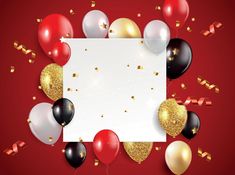 balloons and confetti on red background with white sheet for your text or image