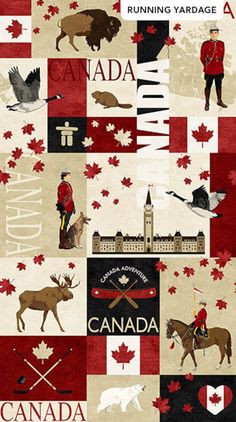 the canadian flag has many different things on it, including an image of a man riding a horse