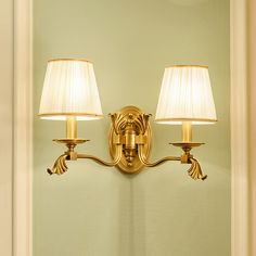 two lamps are on the wall in front of a mirror