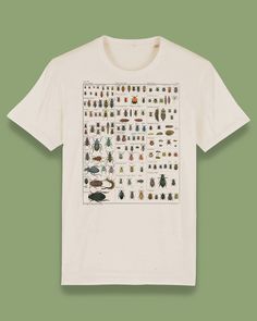 "Love bugs? Well this Tee has loads!  Over 130 insect illustrations are featured so it's sure to keep people fascinated, the natural cotton garment adds to the vintage feel as each tee has it's own character due to the small brown speckles of cotton fibres that are normally bleached away. * Hand drawn insect illustrations * Unbleached natural ringspun cotton unisex t-shirt * High quality printing and fast despatch + delivery SIZEGUIDE The tees are unisex so check our sizes below for the perfect fit, for accurate measurements see the photo above XS - 34/36\" - Pit-to-Pit - 46cm - Top-to-Bottom - 66cm S -  36/38\" - Pit-to-Pit - 50cm - Top-to-Bottom - 67cm M - 38/40\" - Pit-to-Pit - 52cm - Top-to-Bottom - 69cm L - 41/42\" - Pit-to-Pit - 57cm - Top-to-Bottom - 73cm XL - 43/44\" - Pit-to-Pit - Bug Print, Insect Print, Love Bugs, Unisex Tshirt, Vintage Prints, Natural Cotton, Bugs, Unisex T Shirt, Insects