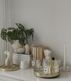 a white dresser topped with lots of bottles and candles next to a potted plant