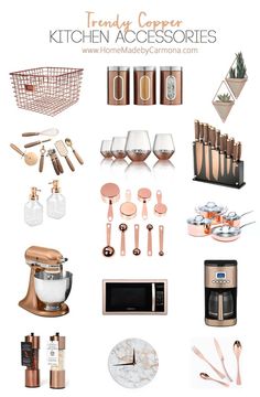 kitchen accessories are arranged on a white background with text that reads trend copper kitchen accessories