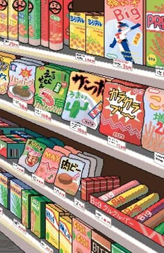 the shelves in a store are filled with different types of food and drinks, including rice krispy treats