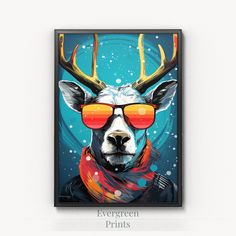 a deer wearing sunglasses and scarf with the words evergreen prints on it