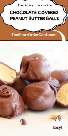 chocolate covered peanut butter balls are stacked on top of each other with text overlay