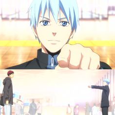 an anime character pointing at the camera with another person in the background and two people standing behind him