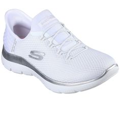 Pick up the pace with increased ease-of-wear and platinum comfort wearing Skechers Hands Free Slip-ins: Summits - Diamond Dream. Designed with our exclusive Heel Pillow, a metallic midsole trim and a cushioned Memory Foam comfort insole.    Upper: Textile   Lining: Textile   Sole: EVA   Heel Height: 30mm   Fastening: Slip On   Fitting: Medium White Skechers, Vegan Style, Travel Size Toiletries, Slip On Trainers, Vegan Fashion, Comfort Wear, Baby Clothes Shops