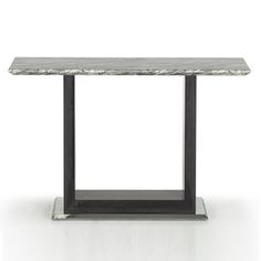 a marble top table with metal base and square legs on an isolated white surface, viewed from the front