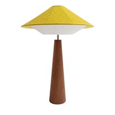 a yellow and white mushroom lamp on a wooden base with a light bulb in the middle