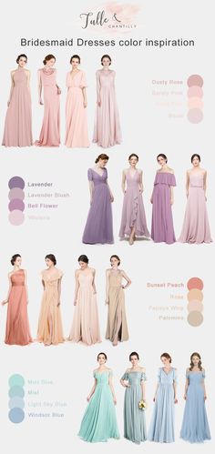 the bridesmaid dresses are all different colors