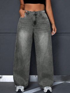 Plus Size Washed Wide Leg Boyfriend Jeans Light Grey    Denim Plain,All Over Print Straight Leg Non-Stretch  Women Plus Clothing, size features are:Bust: ,Length: ,Sleeve Length: Casual Denim Jeans, Casual Denim Pants, Jeans Casual, Loose Jeans, Grey Denim, Plus Size Jeans, Inspiration Mode, Casual Denim, Kids Beachwear